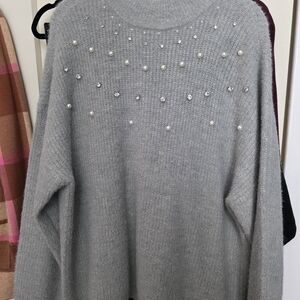 Maurices Light Gray Pearl & Rhinestone Crewneck Sweater